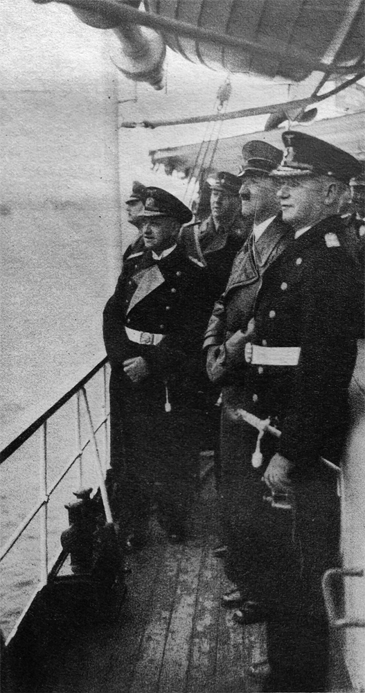 Adolf Hitler with admirals Raeder, Albrecht and Foerster on board the Nixe yacht on their way to the Gneisenau battleship